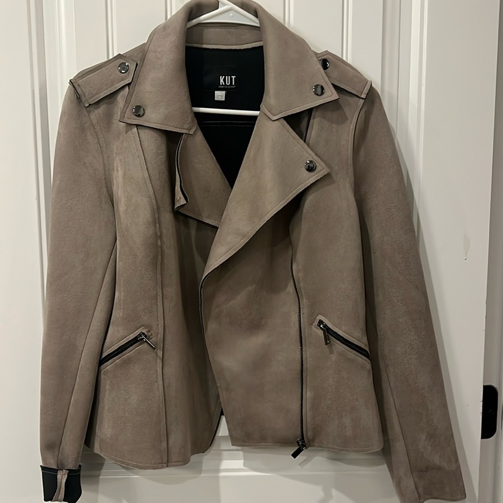 NWOT KUT FROM THE KLOTH size S Draped Moto Brown Soft Faux Suede Womens Jacket.